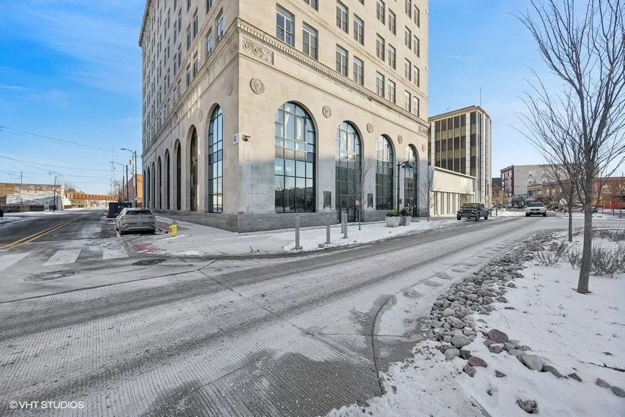 Limestone exterior of The Banc on a downtown Hammond street corner