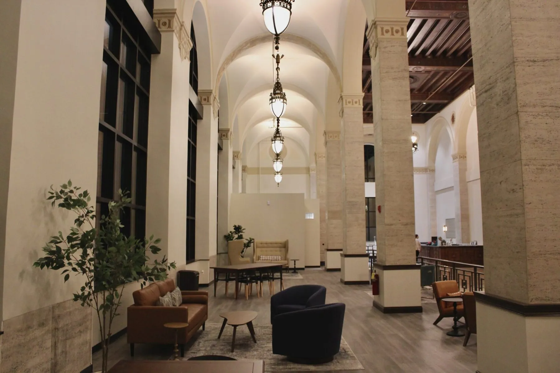Lounge seating among marble columns in The Reserve
