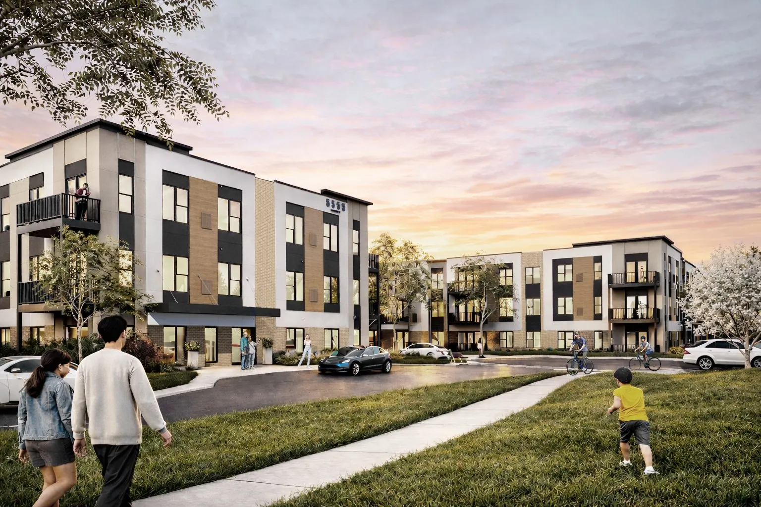 Rendering of two Inspire Prairie Springs buildings at a street corner