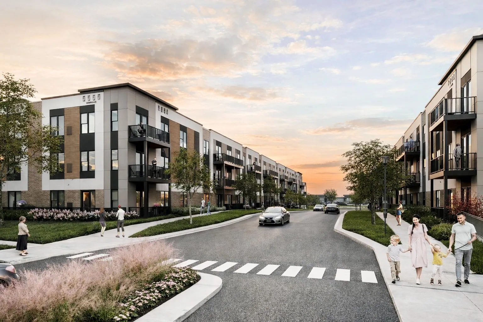 Streetscape rendering of Inspire Prairie Springs at sunset