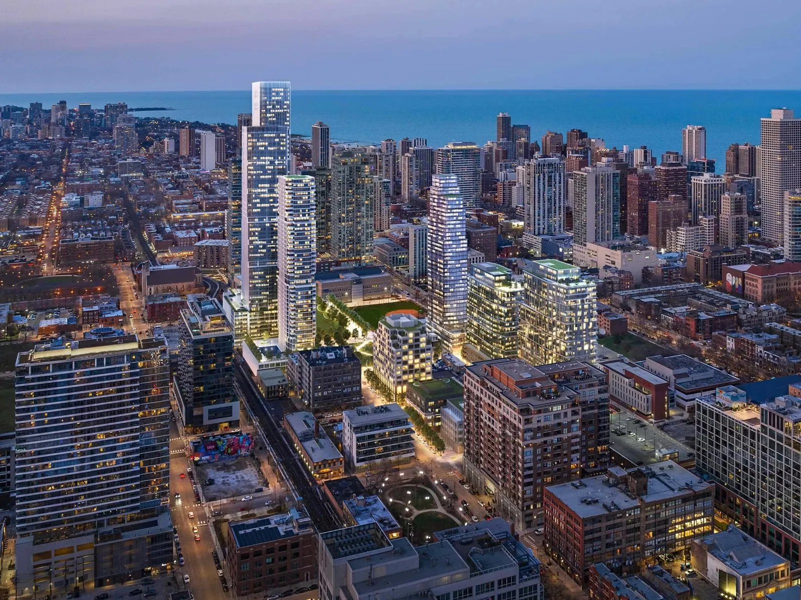 Dusk aerial view of North Union and the Near North Side