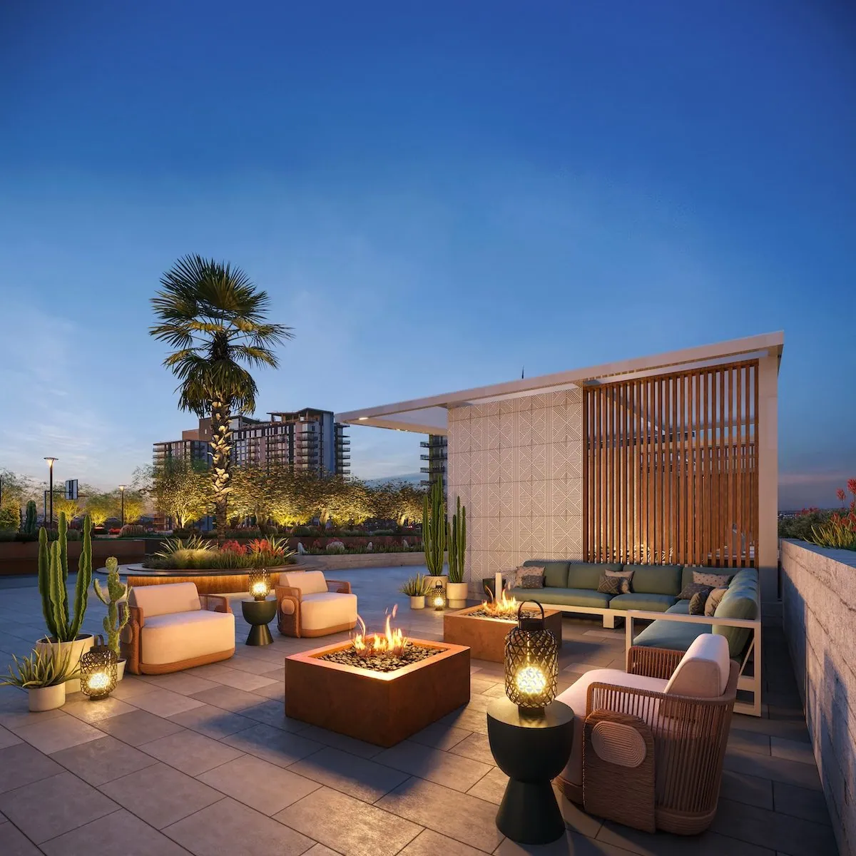 Outdoor amenity deck with fire pit at Sol Modern