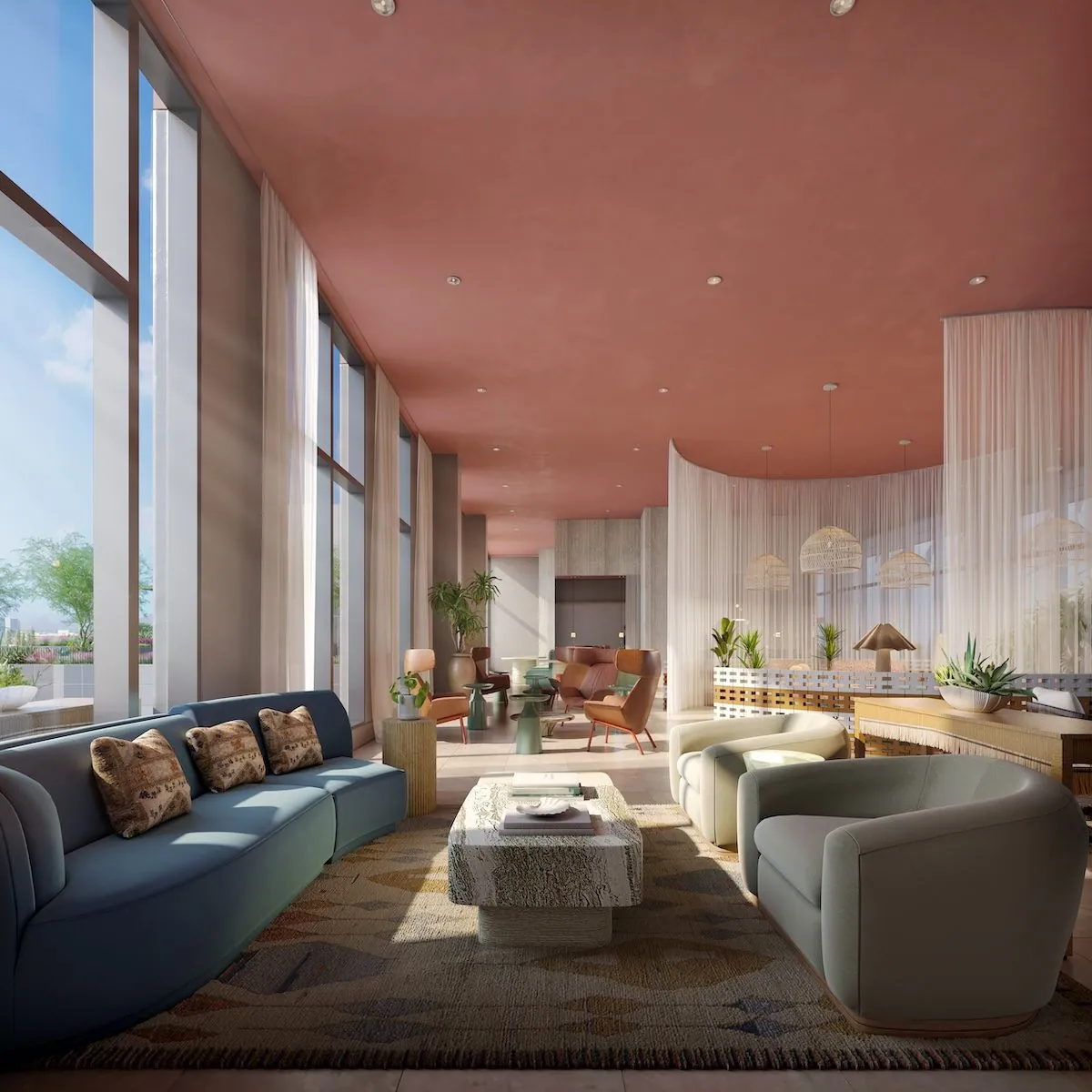 Pool lounge with terracotta ceiling at Sol Modern