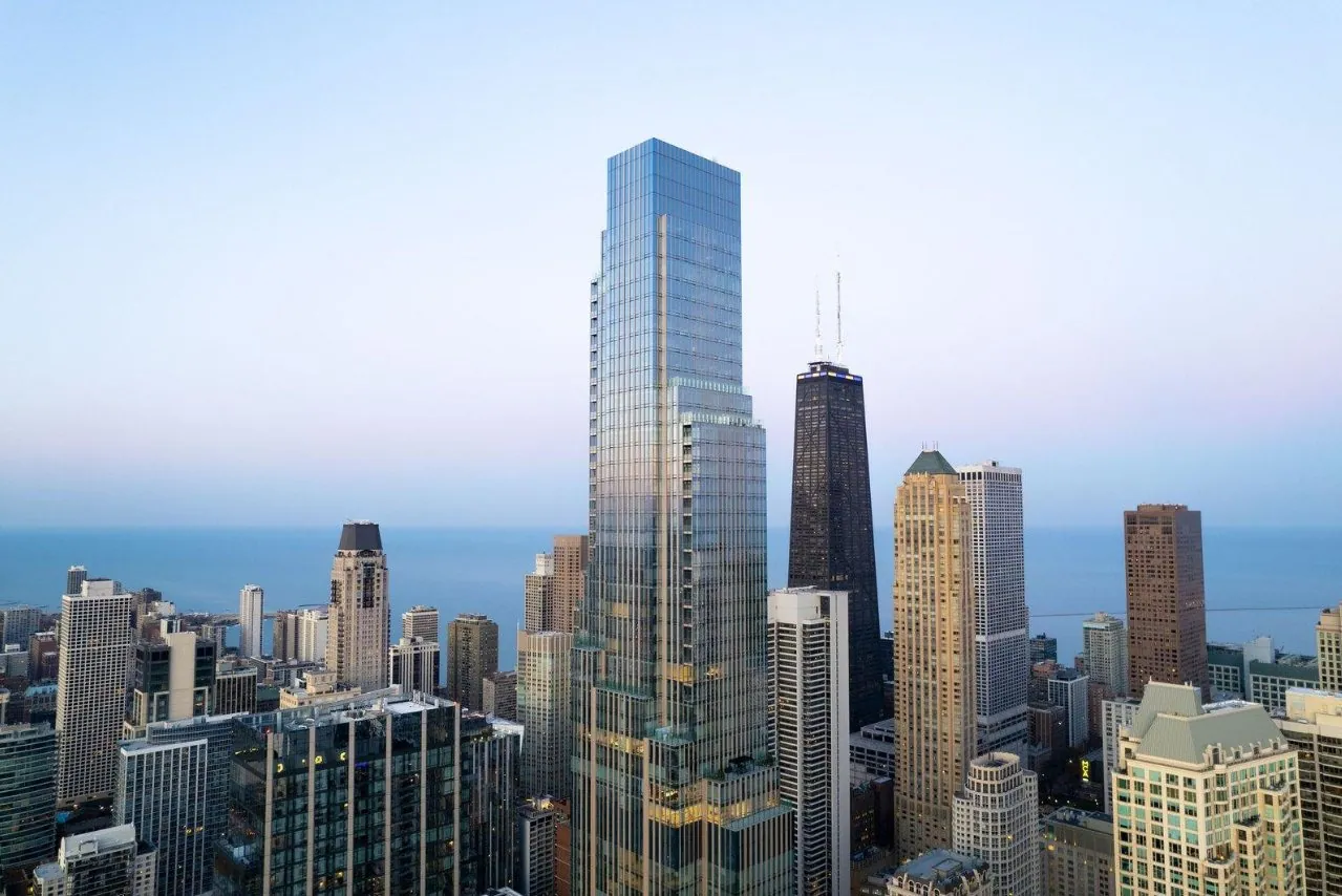 One Chicago tower above the Chicago skyline and Lake Michigan